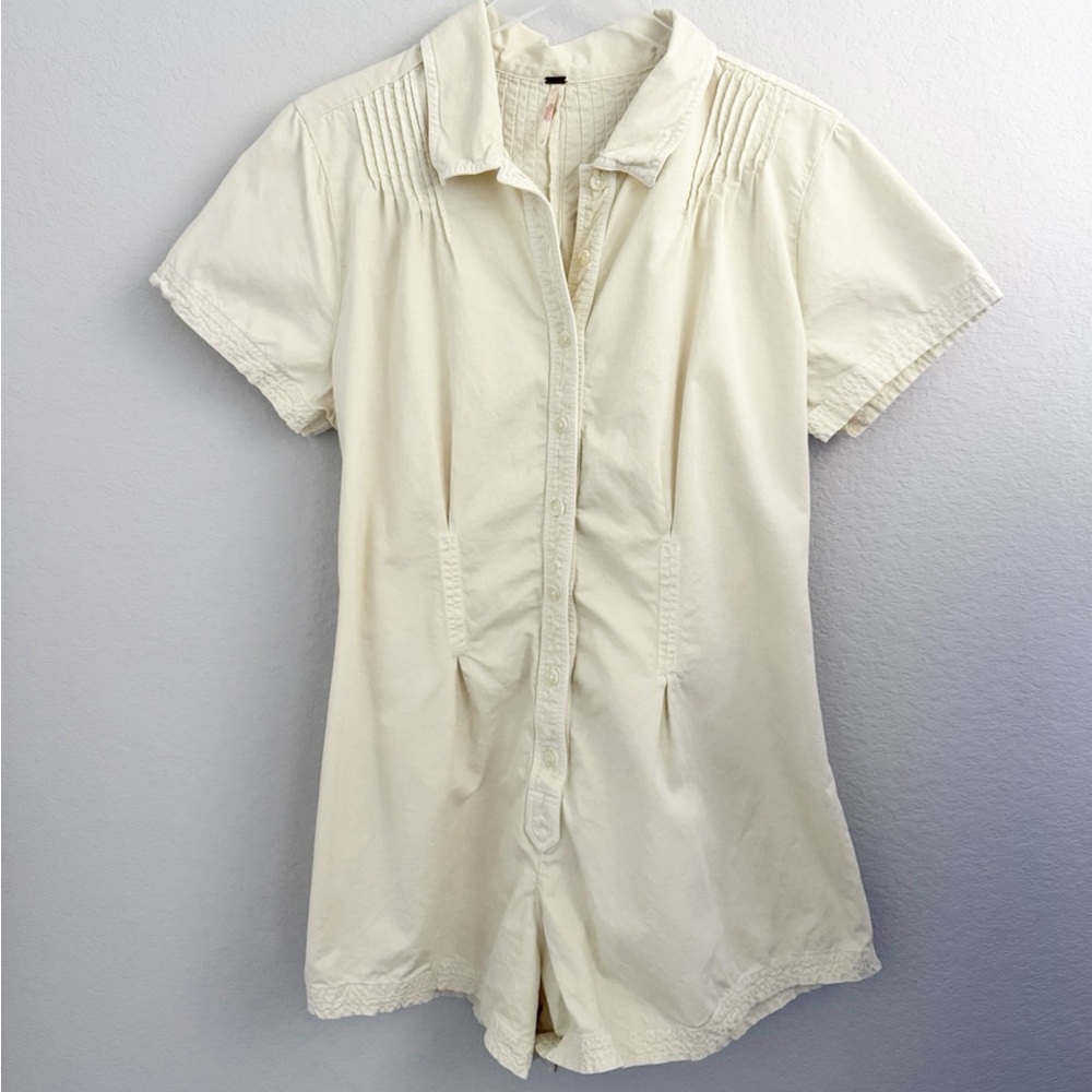 Free People Pleated Cream Romper Keep It Crisp Romper - Picture 3 of 9
